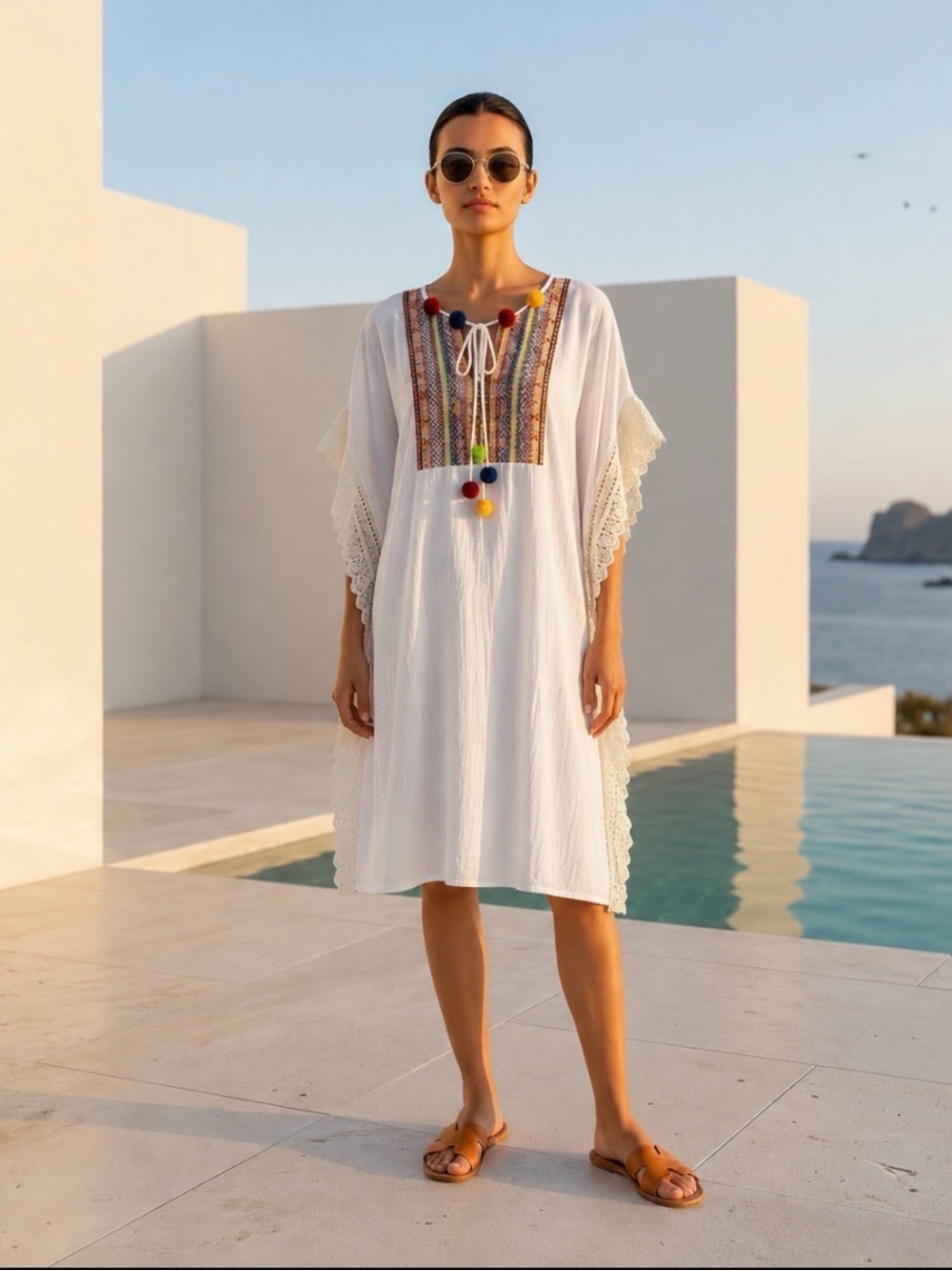Anthropologie Postmark Bilson Embroidered Pom Pom Caftan XS/S